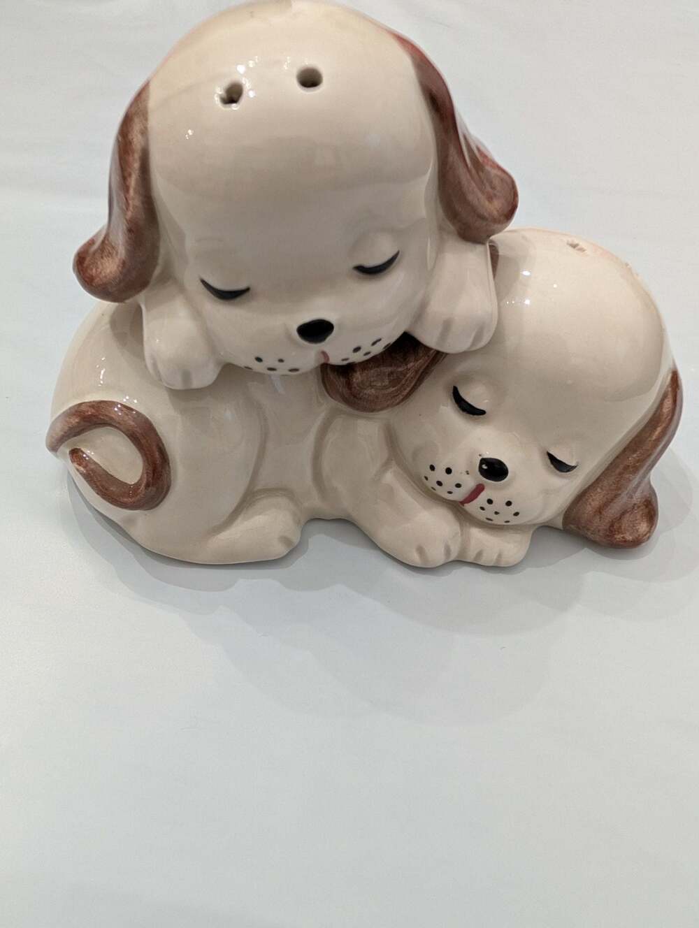 Vintage New Trend Japan Ceramic Sleeping Puppy Dog Salt and Pepper Shakers